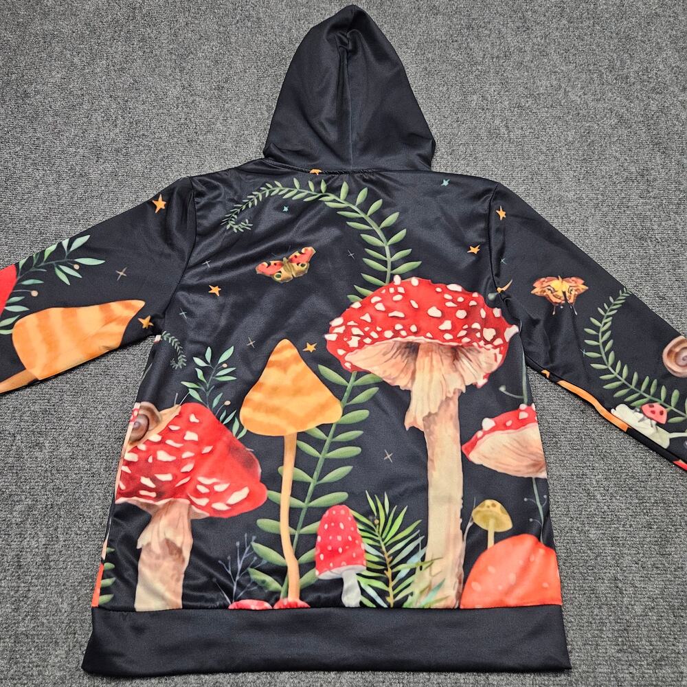 Mushroom Print Hoodie Womens Medium Black Multicolor Full Zip Cottagecore Y2K - Picture 2 of 7